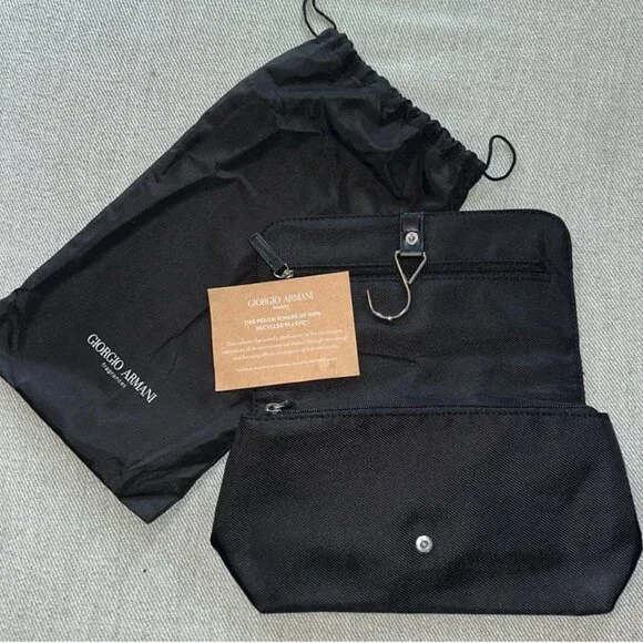 NWT GIORGIO ARMANI Black Fold Over Hangable Toiletry Travel‎ Bag w/ Dust Bag